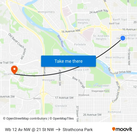 Wb 12 Av NW @ 21 St NW to Strathcona Park map