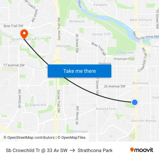 Sb Crowchild Tr @ 33 Av SW to Strathcona Park map