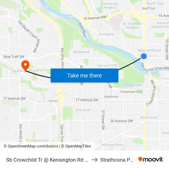 Sb Crowchild Tr @ Kensington Rd NW to Strathcona Park map