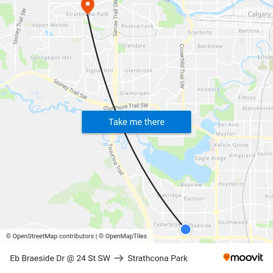 Eb Braeside Dr @ 24 St SW to Strathcona Park map