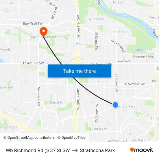 Wb Richmond Rd @ 37 St SW to Strathcona Park map