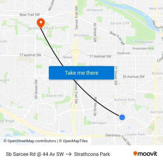 Sb Sarcee Rd @ 44 Av SW to Strathcona Park map