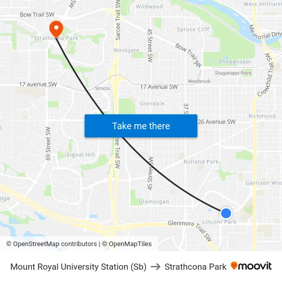 Mount Royal University Station (Sb) to Strathcona Park map