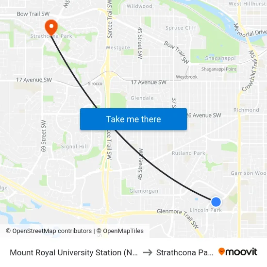 Mount Royal University Station (Nb) to Strathcona Park map