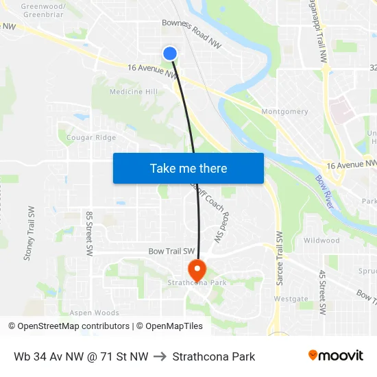 Wb 34 Av NW @ 71 St NW to Strathcona Park map