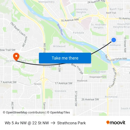 Wb 5 Av NW @ 22 St NW to Strathcona Park map