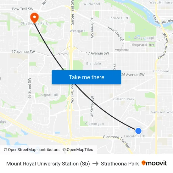 Mount Royal University Station (Sb) to Strathcona Park map