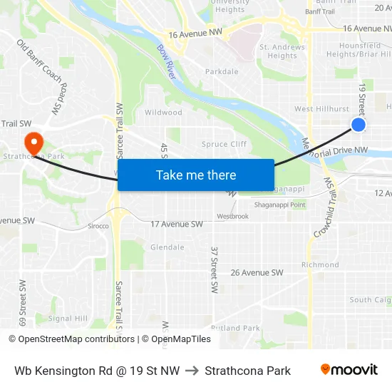 Wb Kensington Rd @ 19 St NW to Strathcona Park map