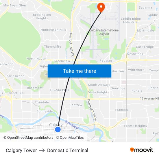 Calgary Tower to Domestic Terminal map