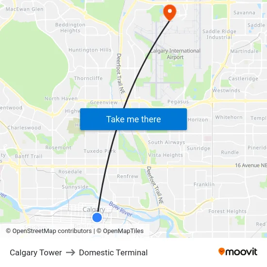 Calgary Tower to Domestic Terminal map