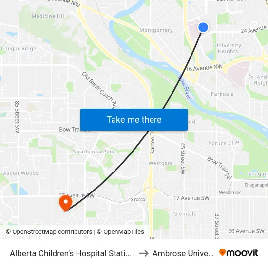 Alberta Children's Hospital Station (Sb) to Ambrose University map