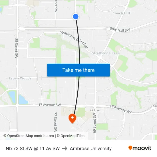 Nb 73 St SW @ 11 Av SW to Ambrose University map