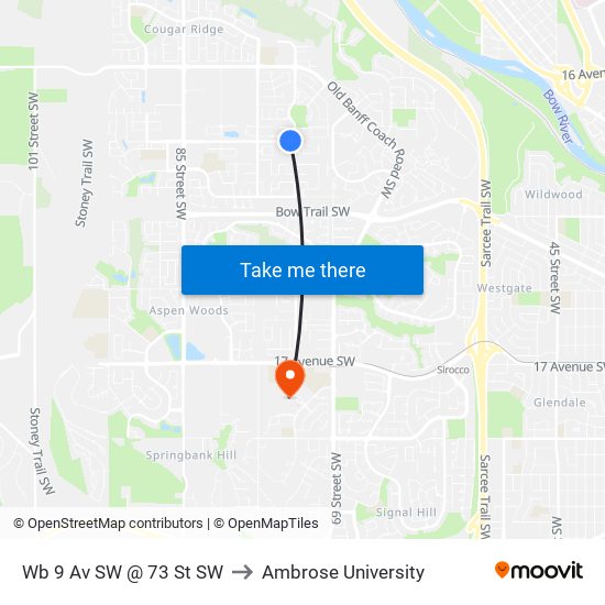 Wb 9 Av SW @ 73 St SW to Ambrose University map