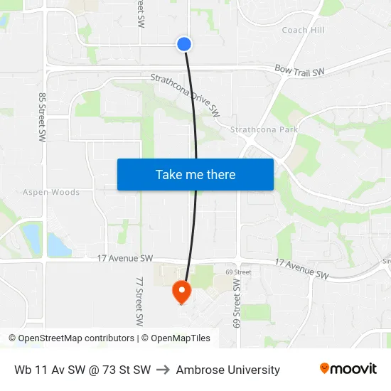 Wb 11 Av SW @ 73 St SW to Ambrose University map