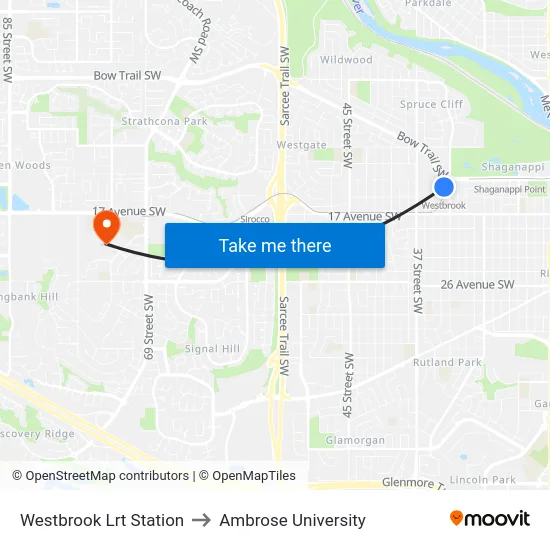 Westbrook Lrt Station to Ambrose University map