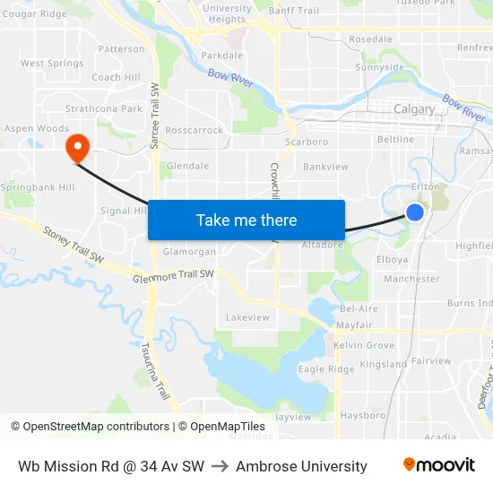 Wb Mission Rd @ 34 Av SW to Ambrose University map