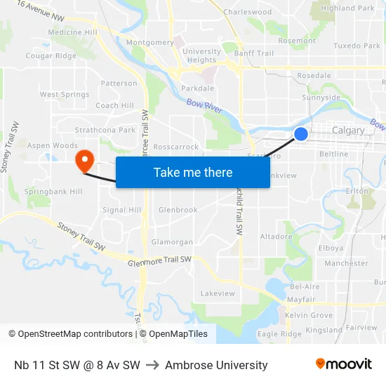 Nb 11 St SW @ 8 Av SW to Ambrose University map