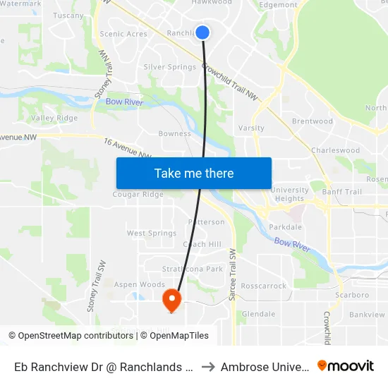 Eb Ranchview Dr @ Ranchlands Bv NW to Ambrose University map