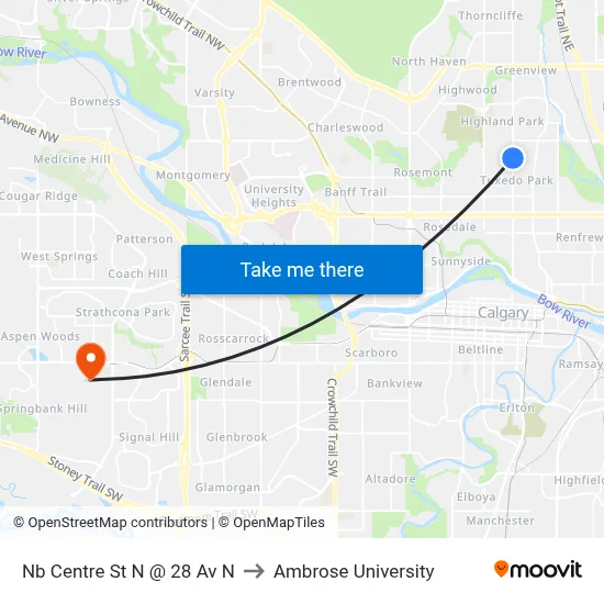 Nb Centre St N @ 28 Av N to Ambrose University map