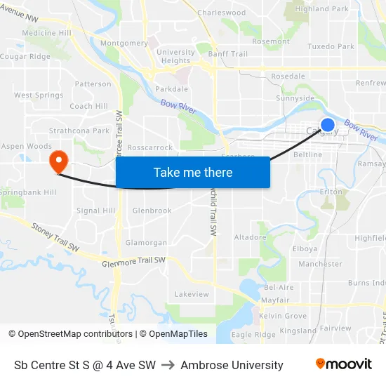 Sb Centre St S @ 4 Ave SW to Ambrose University map