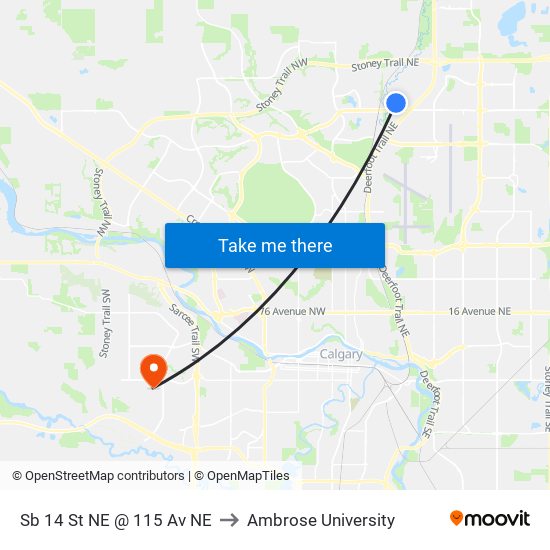 Sb 14 St NE @ 115 Av NE to Ambrose University map