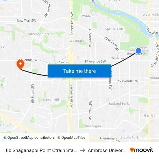 Eb Shaganappi Point Ctrain Station to Ambrose University map