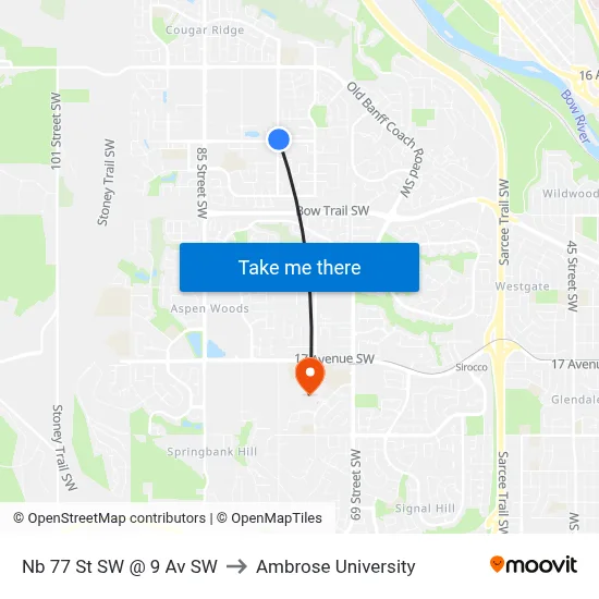 Nb 77 St SW @ 9 Av SW to Ambrose University map