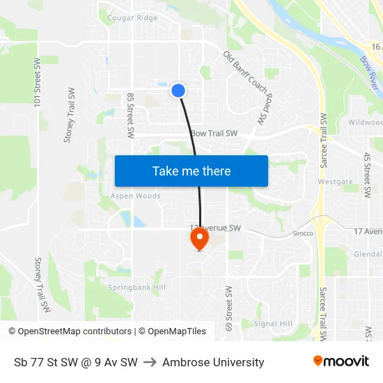 Sb 77 St SW @ 9 Av SW to Ambrose University map