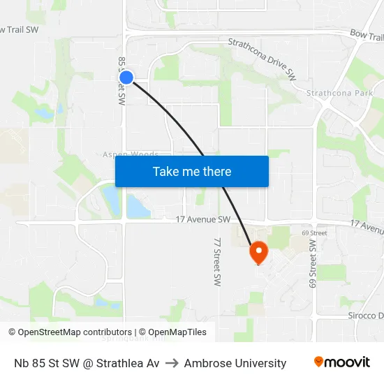 Nb 85 St SW @ Strathlea Av to Ambrose University map