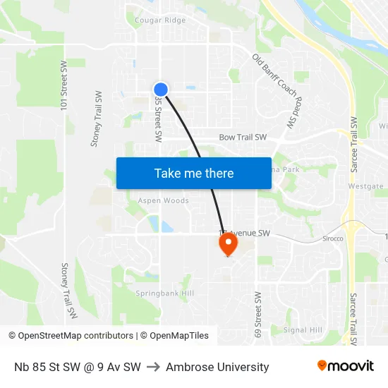 Nb 85 St SW @ 9 Av SW to Ambrose University map