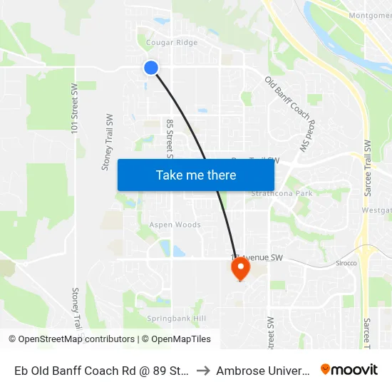 Eb Old Banff Coach Rd @ 89 St SW to Ambrose University map