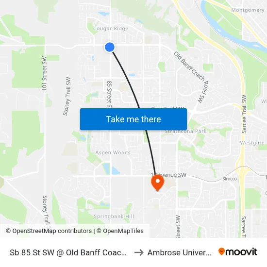 Sb 85 St SW @ Old Banff Coach Rd to Ambrose University map