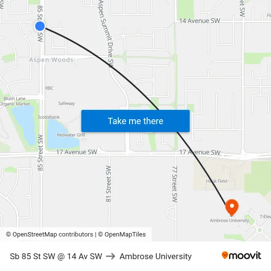 Sb 85 St SW @ 14 Av SW to Ambrose University map