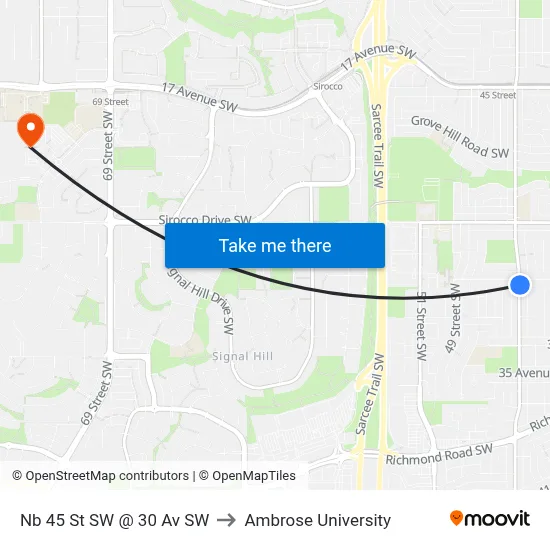 Nb 45 St SW @ 30 Av SW to Ambrose University map