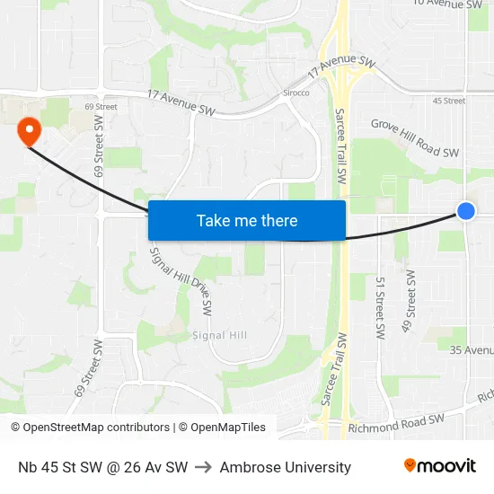 Nb 45 St SW @ 26 Av SW to Ambrose University map