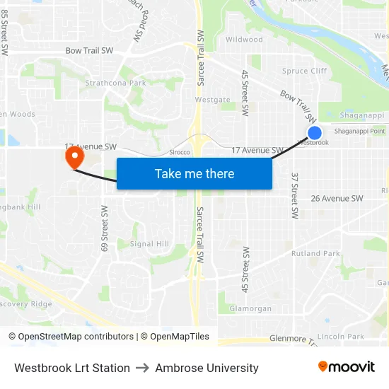Westbrook Lrt Station to Ambrose University map