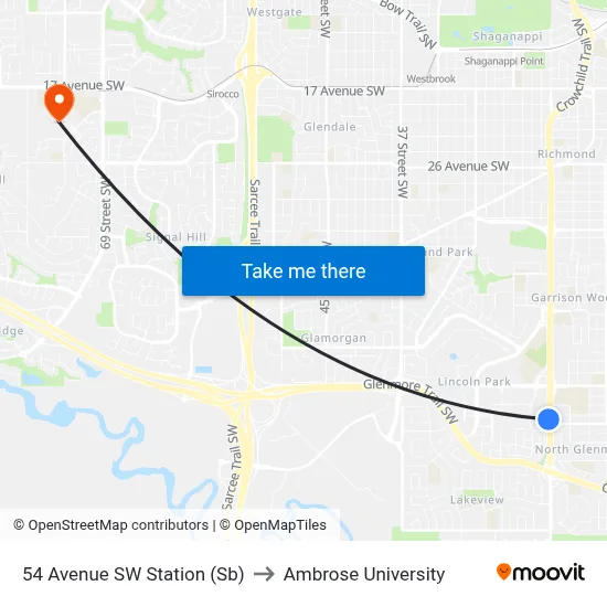 54 Avenue SW Station (Sb) to Ambrose University map