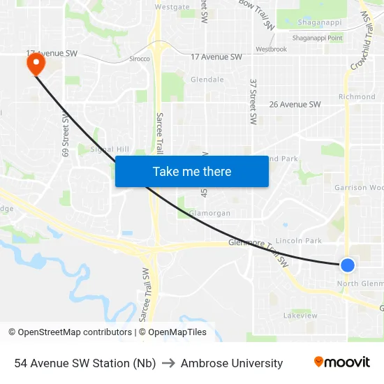 54 Avenue SW Station (Nb) to Ambrose University map