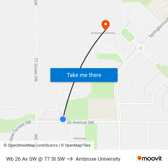 Wb 26 Av SW @ 77 St SW to Ambrose University map