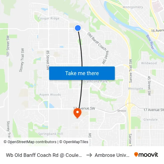 Wb Old Banff Coach Rd @ Coulee Wy SW to Ambrose University map