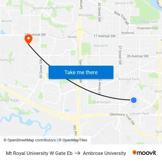 Mt Royal University W Gate Eb to Ambrose University map