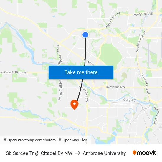Sb Sarcee Tr @ Citadel Bv NW to Ambrose University map