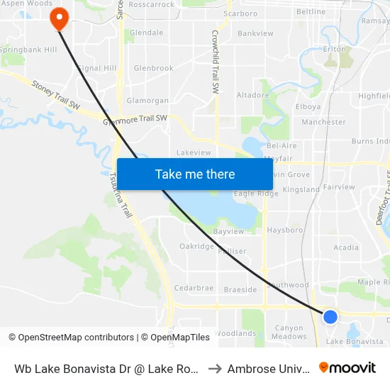 Wb Lake Bonavista Dr @ Lake Rosen Cr SE to Ambrose University map