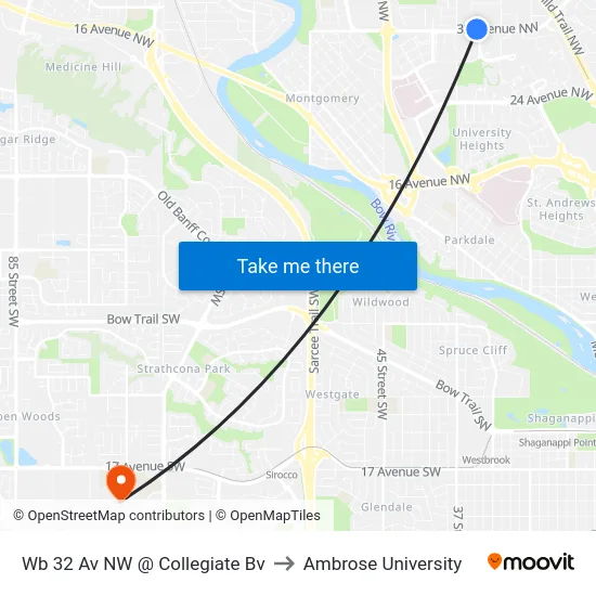 Wb 32 Av NW @ Collegiate Bv to Ambrose University map