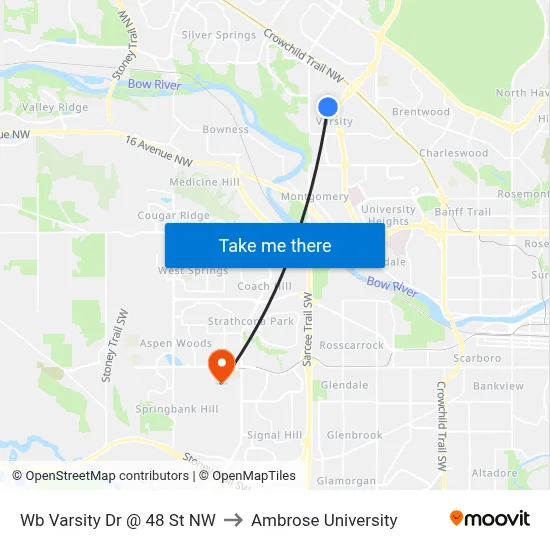 Wb Varsity Dr @ 48 St NW to Ambrose University map