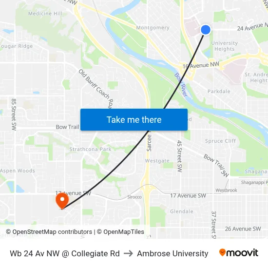 Wb 24 Av NW @ Collegiate Rd to Ambrose University map
