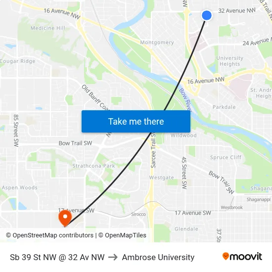 Sb 39 St NW @ 32 Av NW to Ambrose University map