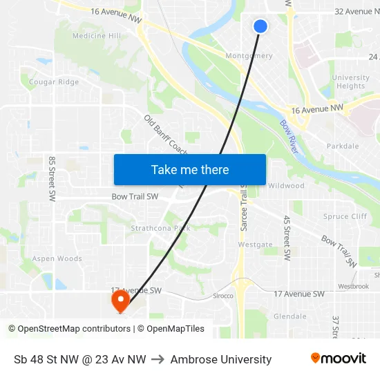 Sb 48 St NW @ 23 Av NW to Ambrose University map