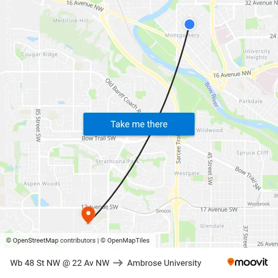 Wb 48 St NW @ 22 Av NW to Ambrose University map