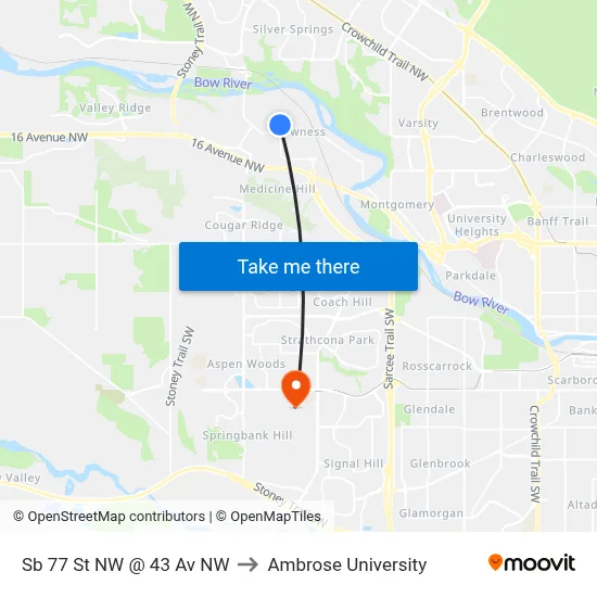 Sb 77 St NW @ 43 Av NW to Ambrose University map